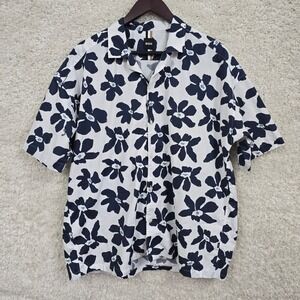 Hugo Boss Shirtโ Mens L Relaxed Short Sleeve Floral Button Up Navy White Resort